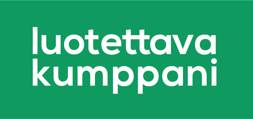 Valkoinen teksti 'luotettava kumppani' vihreällä taustalla.